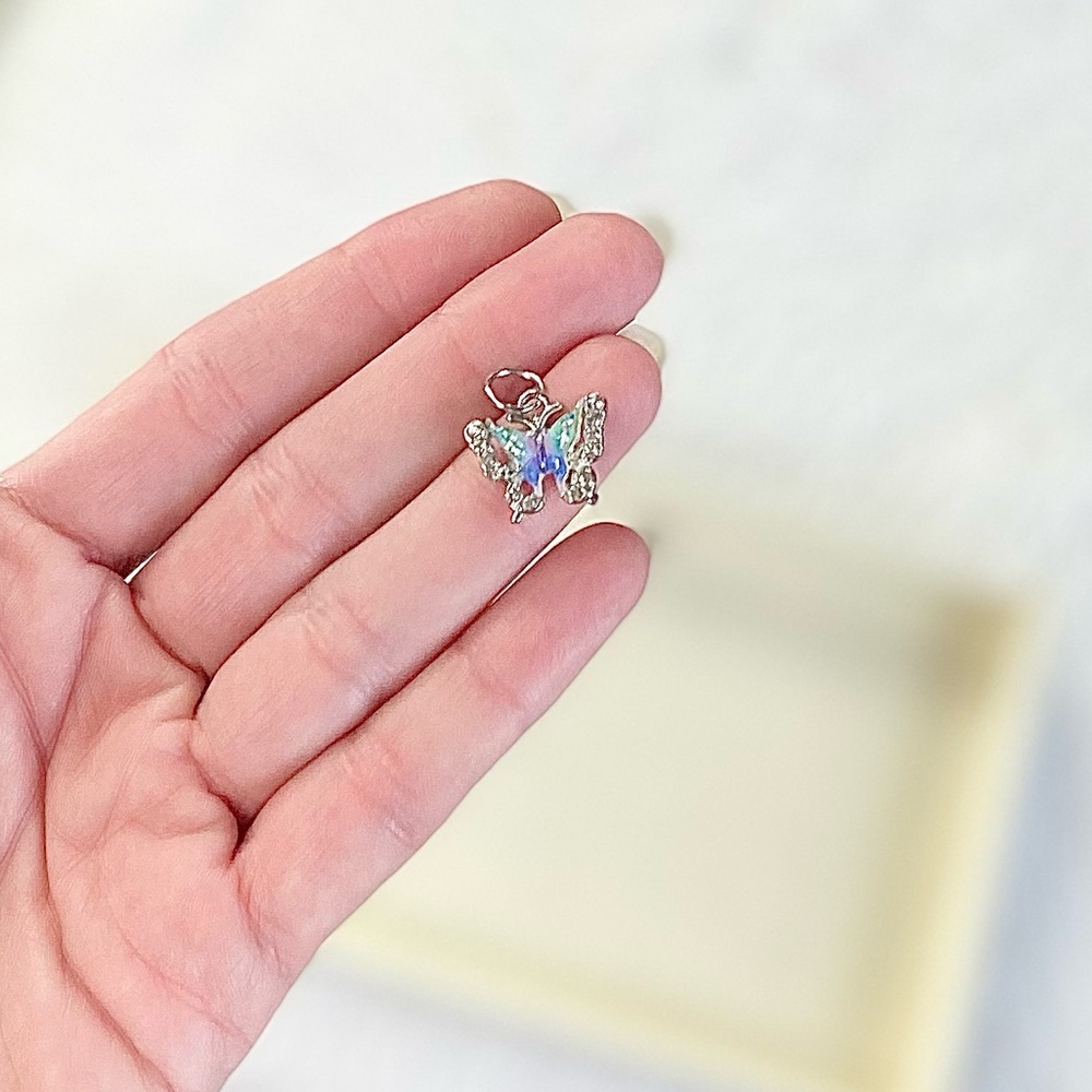 Peach Mimosa Aurora Butterfly Charm-Silver Tone Crystal & Enamel Butterfly - Picture 5 of 5